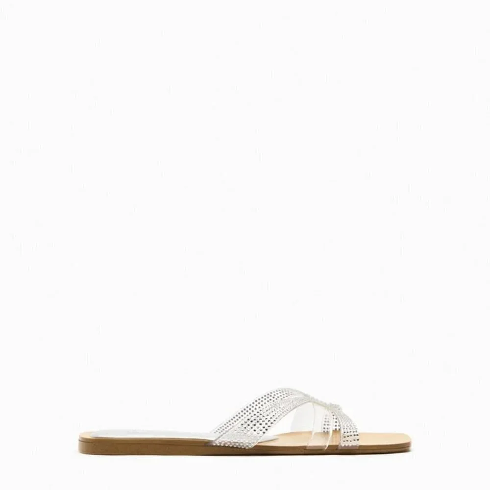ZARA FLAT VINYL SLIDER SANDALS WITH RHINESTONES CLEAR SIZE 6 | 3656/110 - Picture 3 of 4